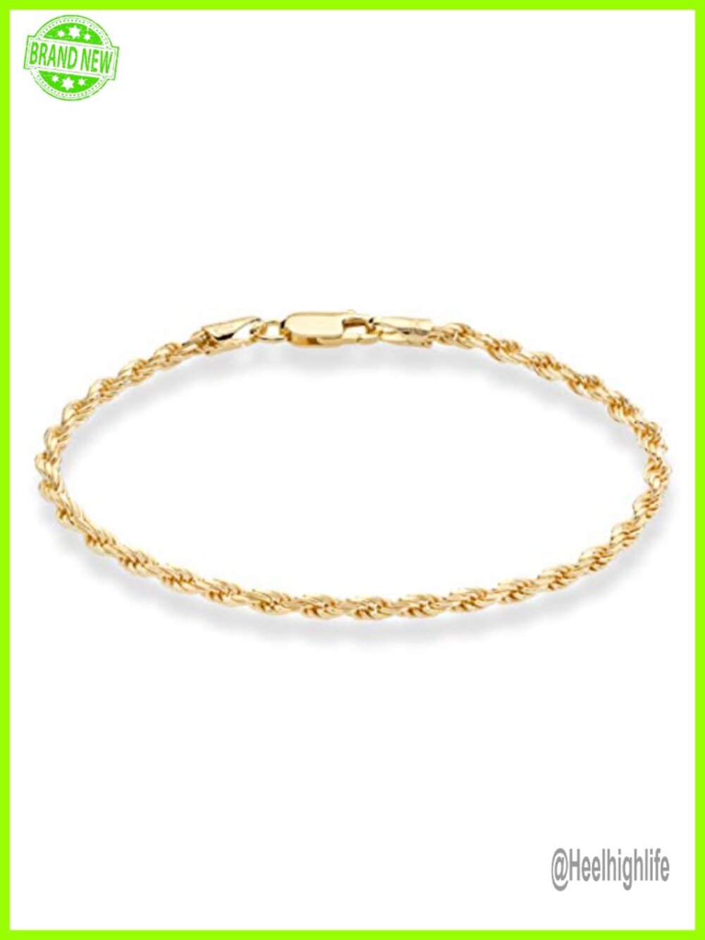18K Gold Over 925 Sterling Silver Rope Bracelet Italian Chain 7.5 Inch